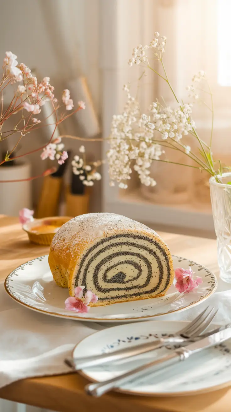 Entire Poppy Seed Roll on a Fancy Plate