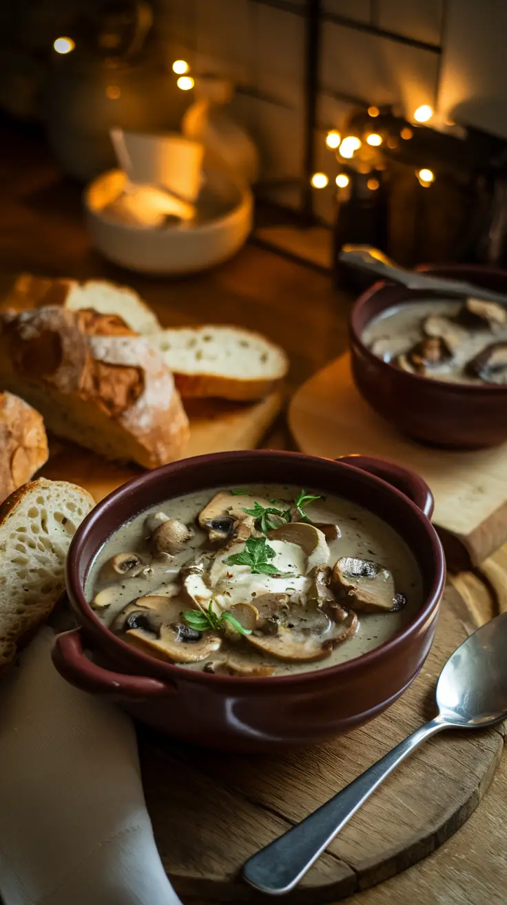 Polish Mushroom Soup in a Cozy Kitchen Setting