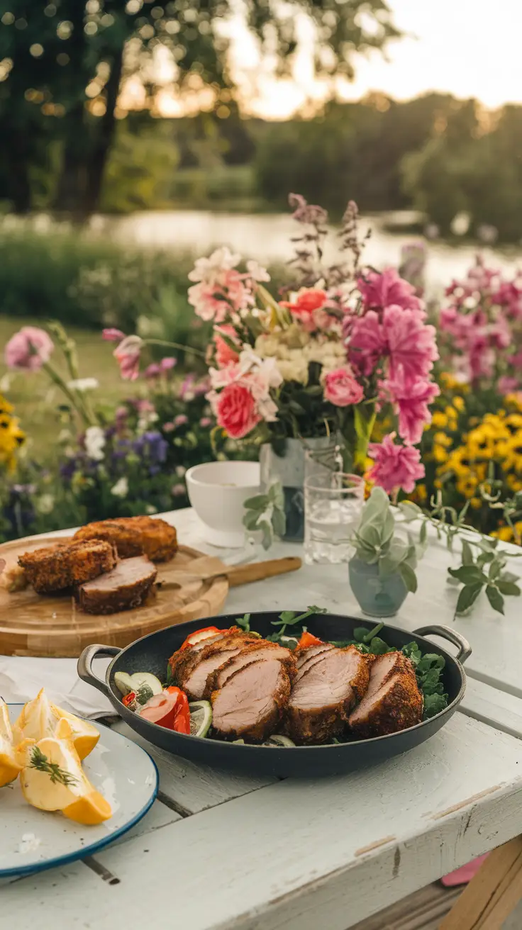 Pork Cutlets on Outdoor Picnic Table