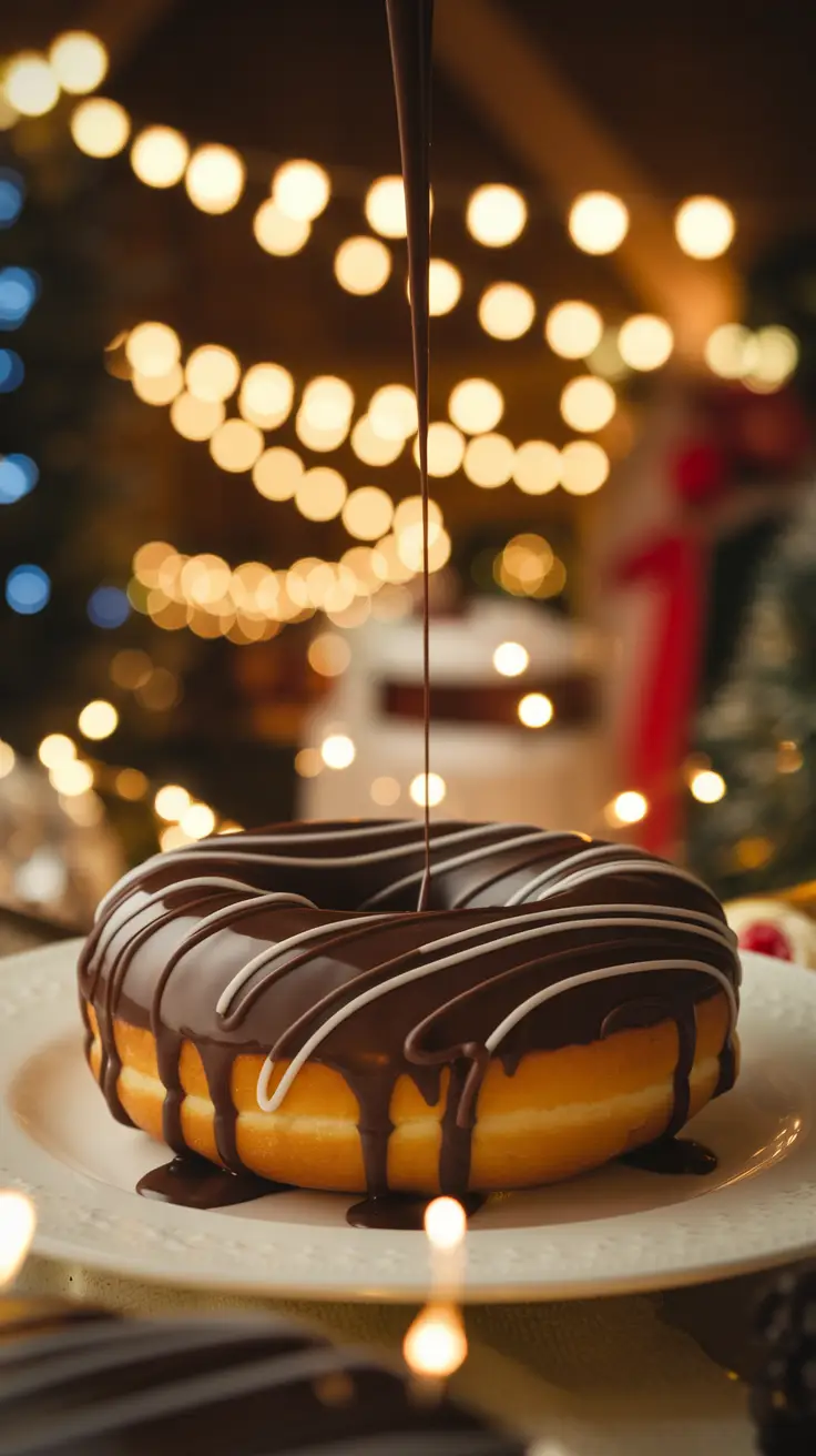 Close-Up of a Polish Donut Being Drizzled with Chocolate Sauce